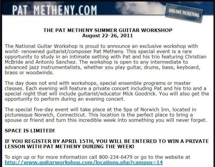 Music Diary Notes: Amazing Pat Metheny Guitar Workshop Opportunity