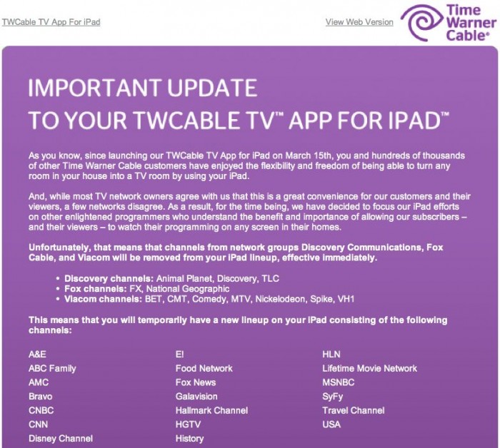 Time Warner Cable Has To Pull Channels From Their iPad App