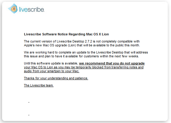 Livescribe Issues Mac OS X 'Lion' Compatibility Warning - Don't Upgrade Yet!