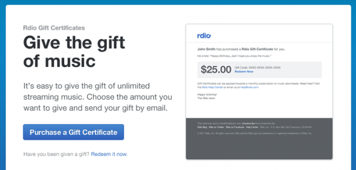 Music Diary Notes: Rdio and MOG Offer Gift Cards, Rdio Introduces Family Plans