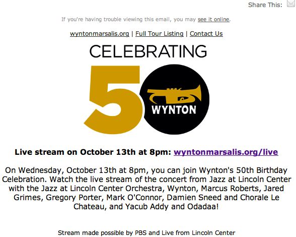 Music Diary Notes: Watch Wynton Marsalis 50th Birthday Concert Live Stream