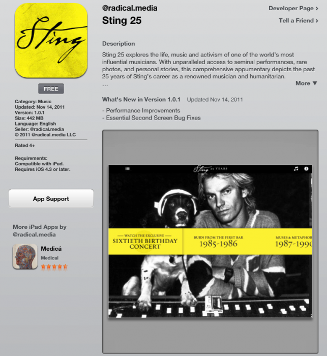 Music Diary Notes: Sting Releases '25' iPad App for FREE - But it Cost More Than $1 Million to Make!
